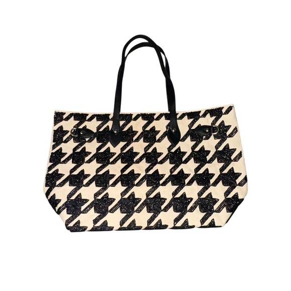 Women's Tiana New York Elegant Beaded Houndstooth Black Tote Bag - Picture 1 of 10